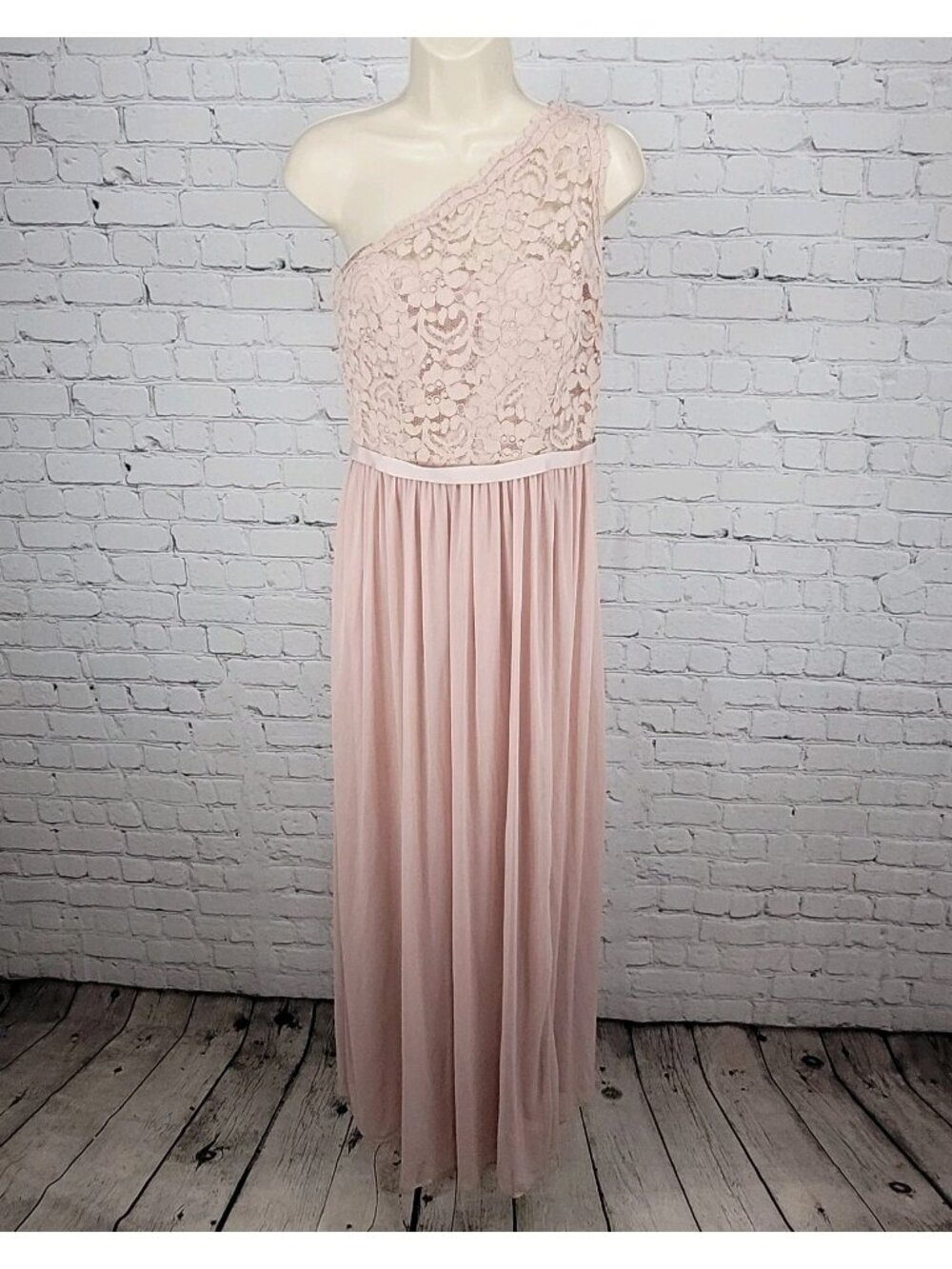 David's Bridal Pink Cameo Chiffon Lace Bodice One Shoulder Bridesmaid Dress 10